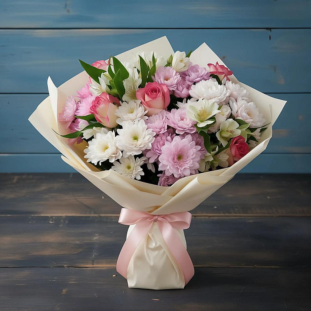 Букет цветов из: Хризантемы, Альстромерии и Розы в Ильинское-Усово